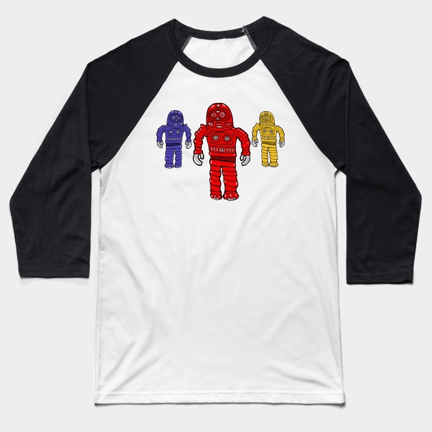 Red, Blue & Yellow Robots Baseball T-Shirt by RockettGraph1cs